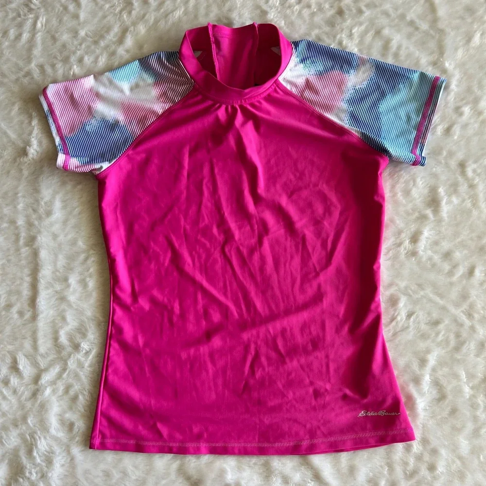 Eddie Bauer Girls 3 Pc Reversible Bikini Swimsuit Rash Guard Set Pink L 14/16